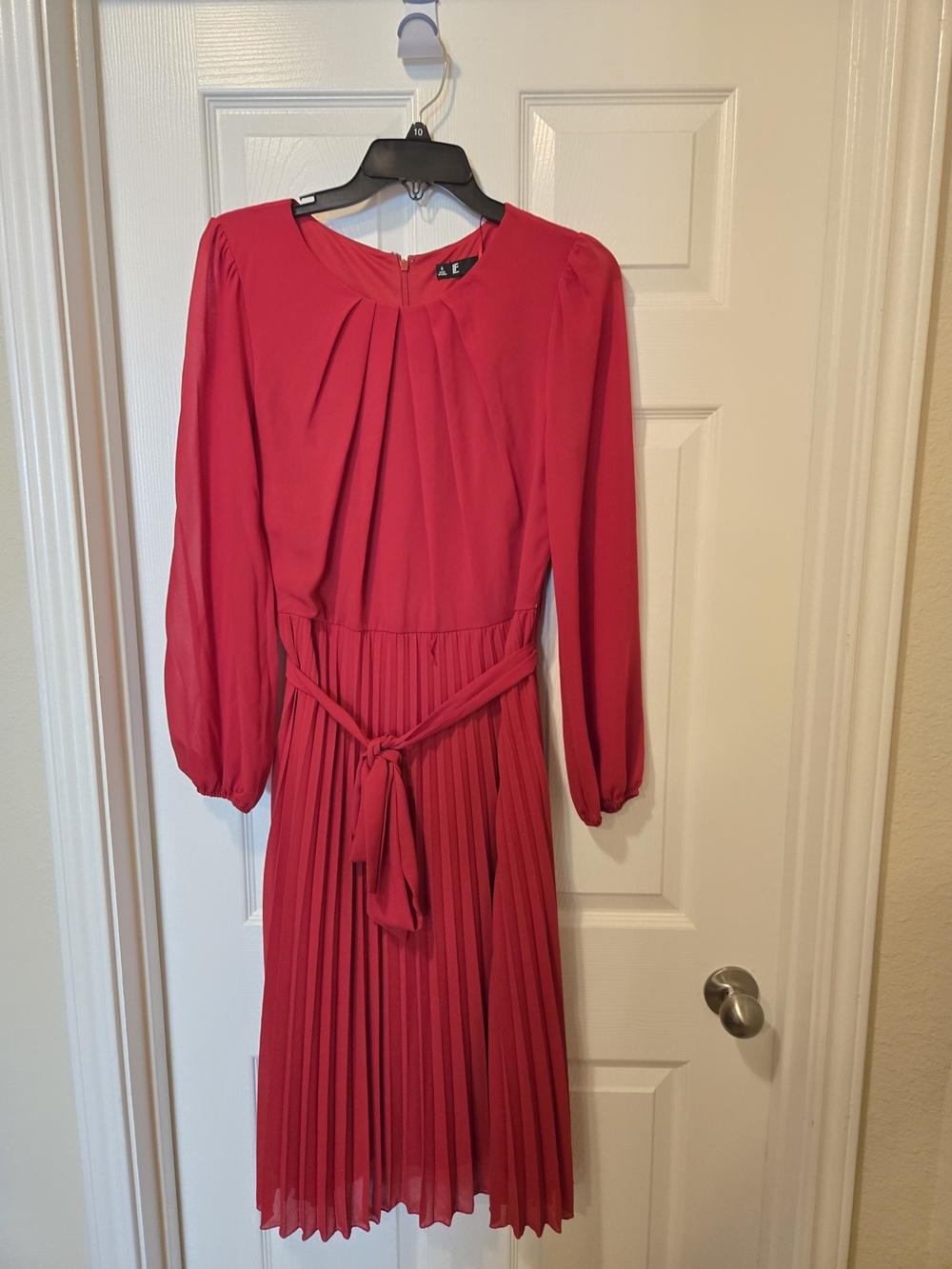 Leslie Fay Bright Red Pleated Long-Sleeve Midi Dress